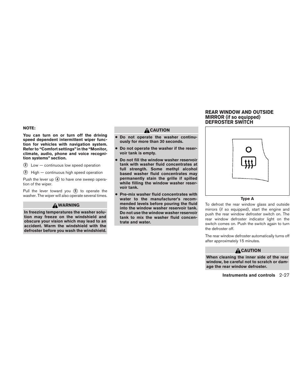 Rear window and outside mirror (if so equipped), Defroster switch -27 | NISSAN 2010 Maxima User Manual | Page 99 / 457