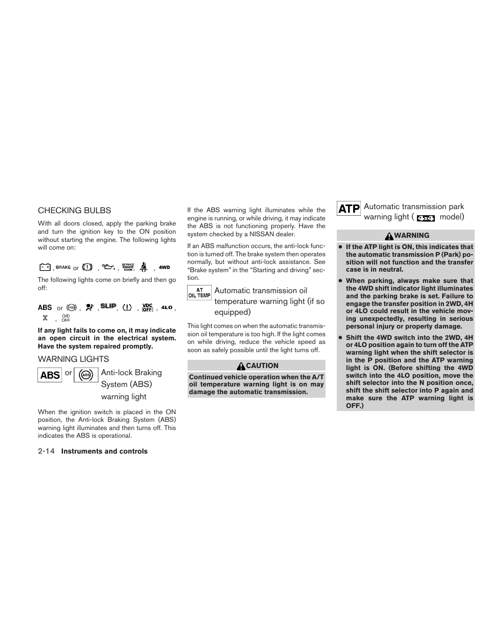 Checking bulbs -14 warning lights -14 | NISSAN 2010 Frontier User Manual | Page 106 / 373