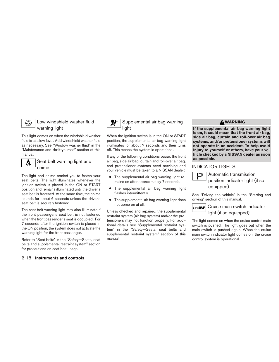 Indicator lights -18 | NISSAN 2010 Frontier User Manual | Page 110 / 373
