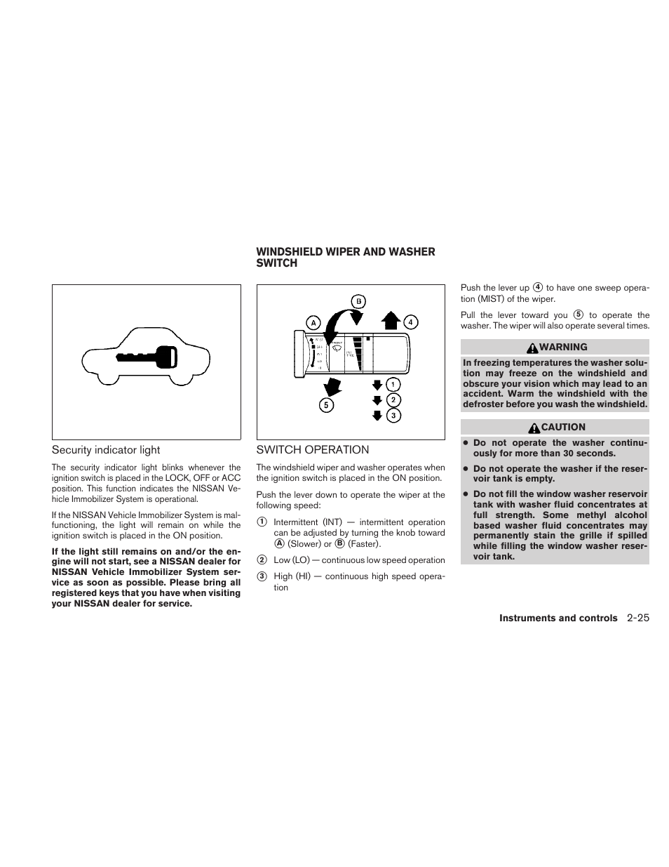 Windshield wiper and washer switch -25, Switch operation -25 | NISSAN 2010 Frontier User Manual | Page 117 / 373