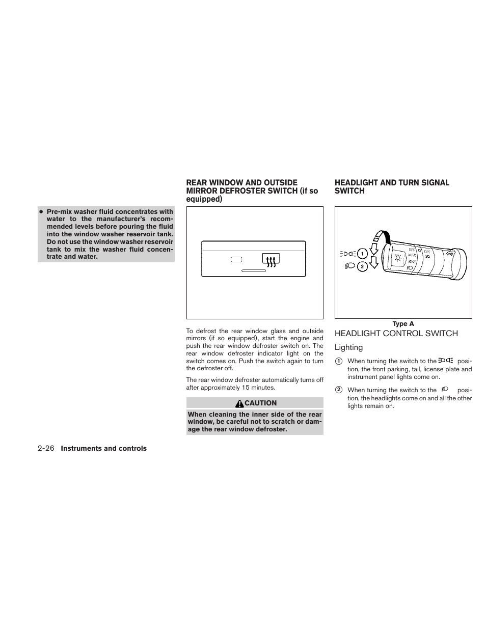 Rear window and outside mirror defroster switch, Headlight control switch -26 | NISSAN 2010 Frontier User Manual | Page 118 / 373