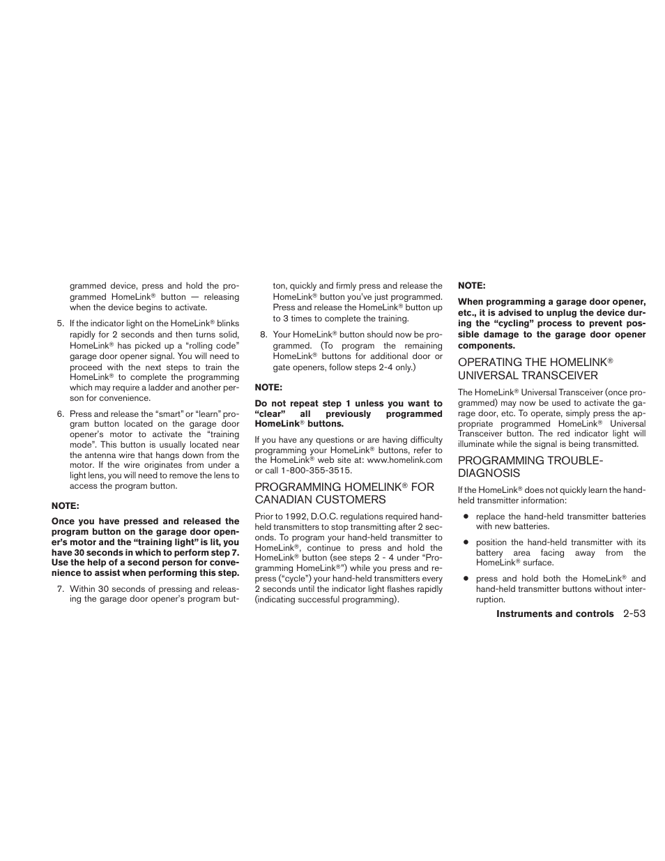 Programming homelink, For canadian, Customers -53 operating the homelink | Universal, Transceiver -53 programming trouble-diagnosis -53 | NISSAN 2010 Frontier User Manual | Page 145 / 373