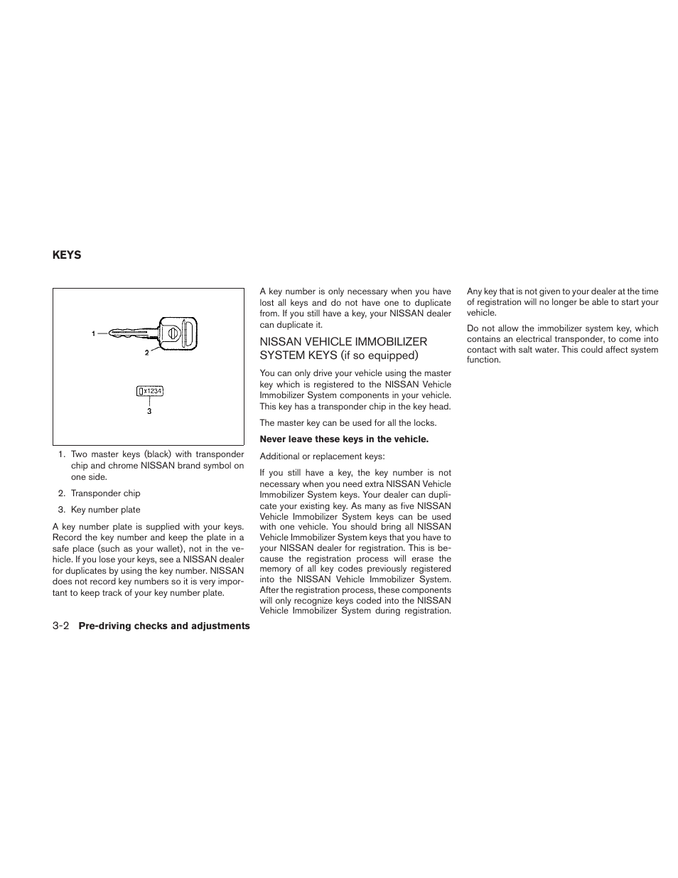 Keys -2, Nissan vehicle immobilizer system keys, If so equipped) -2 | NISSAN 2010 Frontier User Manual | Page 148 / 373