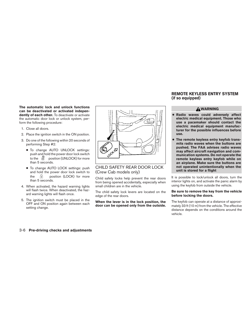 Child safety rear door lock (crew cab, Models only) -6, Remote keyless entry system (if so equipped) -6 | NISSAN 2010 Frontier User Manual | Page 152 / 373