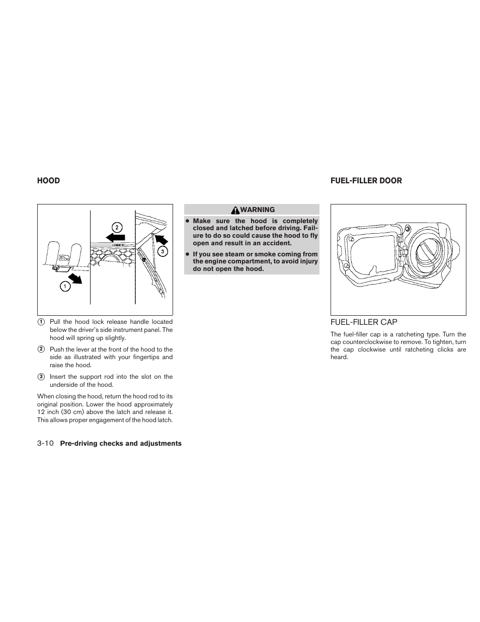 Hood -10, Fuel-filler door -10, Fuel-filler cap -10 | NISSAN 2010 Frontier User Manual | Page 156 / 373