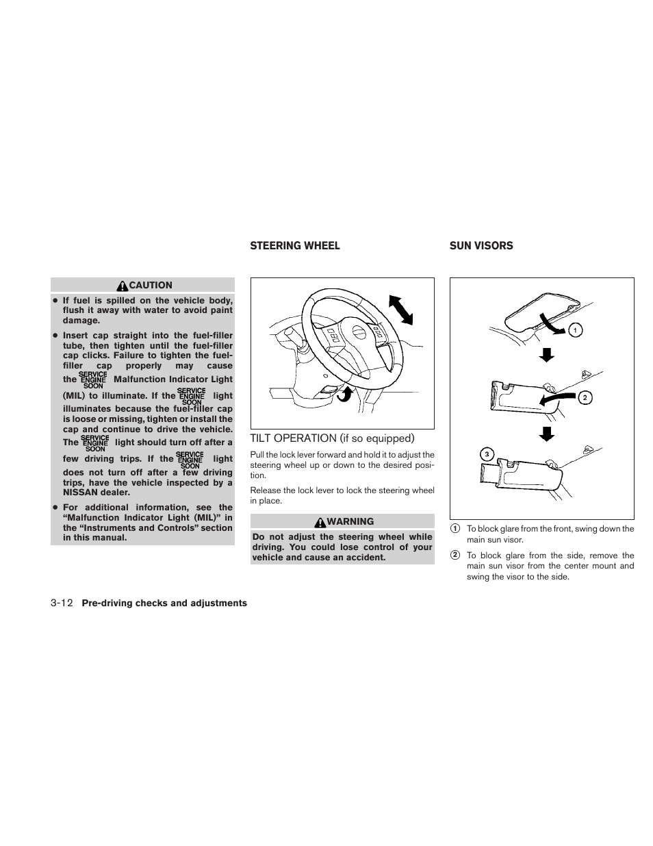 Steering wheel -12, Tilt operation (if so equipped) -12, Sun visors -12 | NISSAN 2010 Frontier User Manual | Page 158 / 373