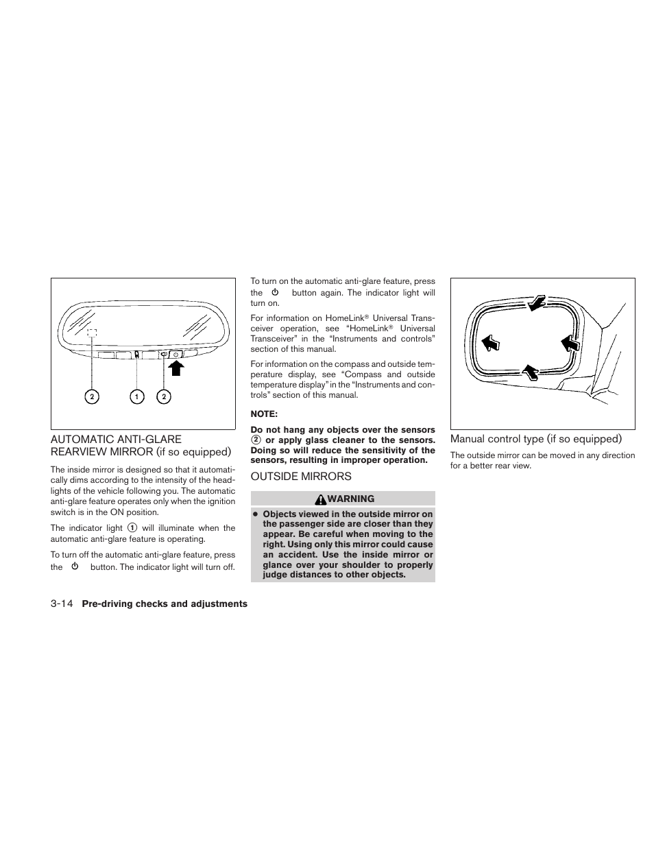 Automatic anti-glare rearview mirror, If so equipped) -14 outside mirrors -14 | NISSAN 2010 Frontier User Manual | Page 160 / 373