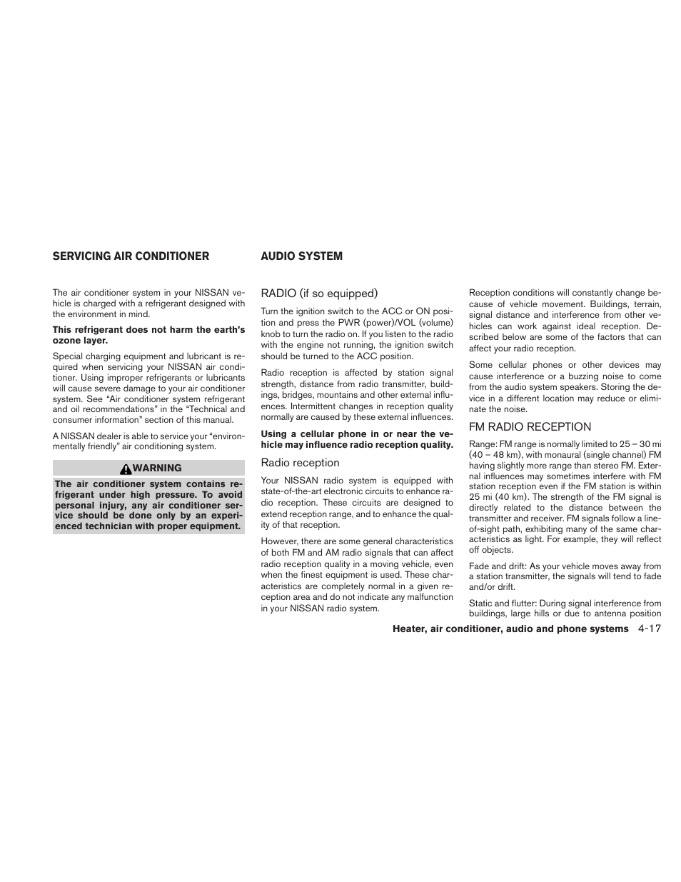 Servicing air conditioner -17 audio system -17, Radio (if so equipped) -17 fm radio reception -17 | NISSAN 2010 Frontier User Manual | Page 183 / 373