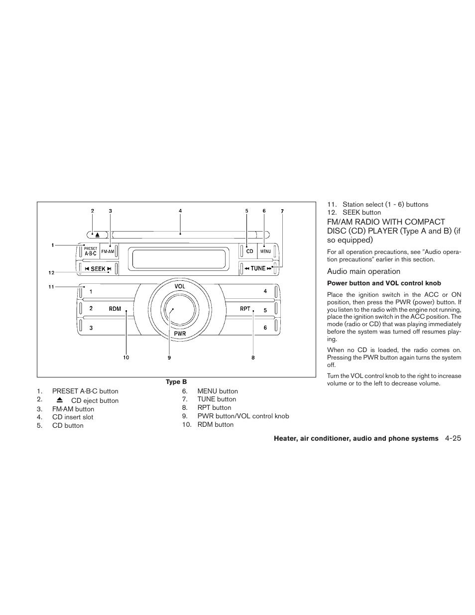 Fm/am radio with compact disc (cd) player, Type a and b) (if so equipped) -25 | NISSAN 2010 Frontier User Manual | Page 191 / 373