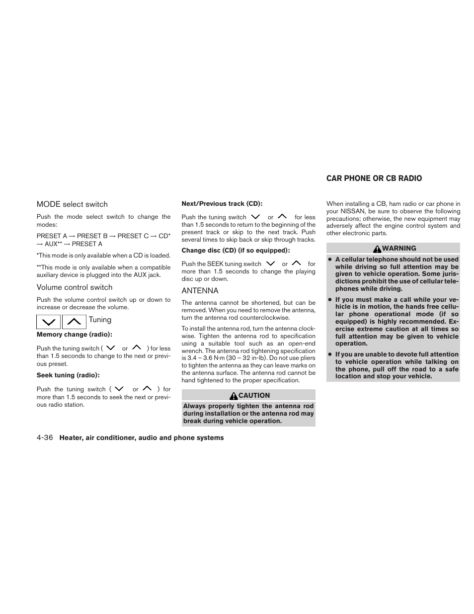 Antenna -36, Car phone or cb radio -36 | NISSAN 2010 Frontier User Manual | Page 202 / 373