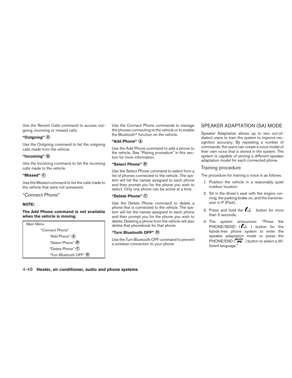 Speaker adaptation (sa) mode -48 | NISSAN 2010 Frontier User Manual | Page 214 / 373