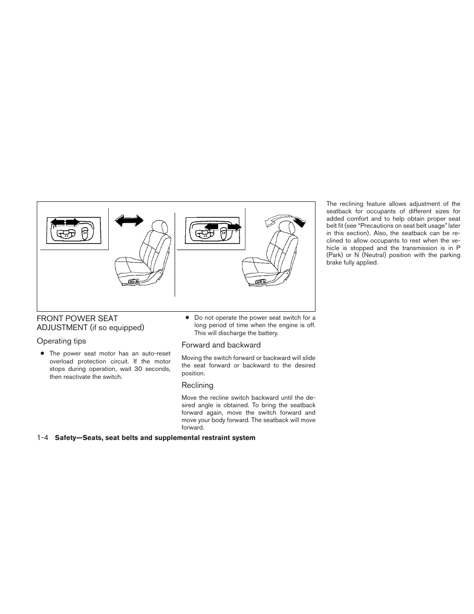 Front power seat adjustment, If so equipped) -4 | NISSAN 2010 Frontier User Manual | Page 22 / 373