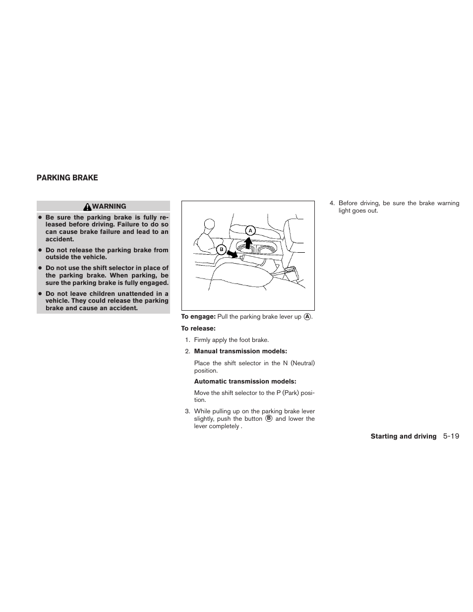 Parking brake -19 | NISSAN 2010 Frontier User Manual | Page 237 / 373
