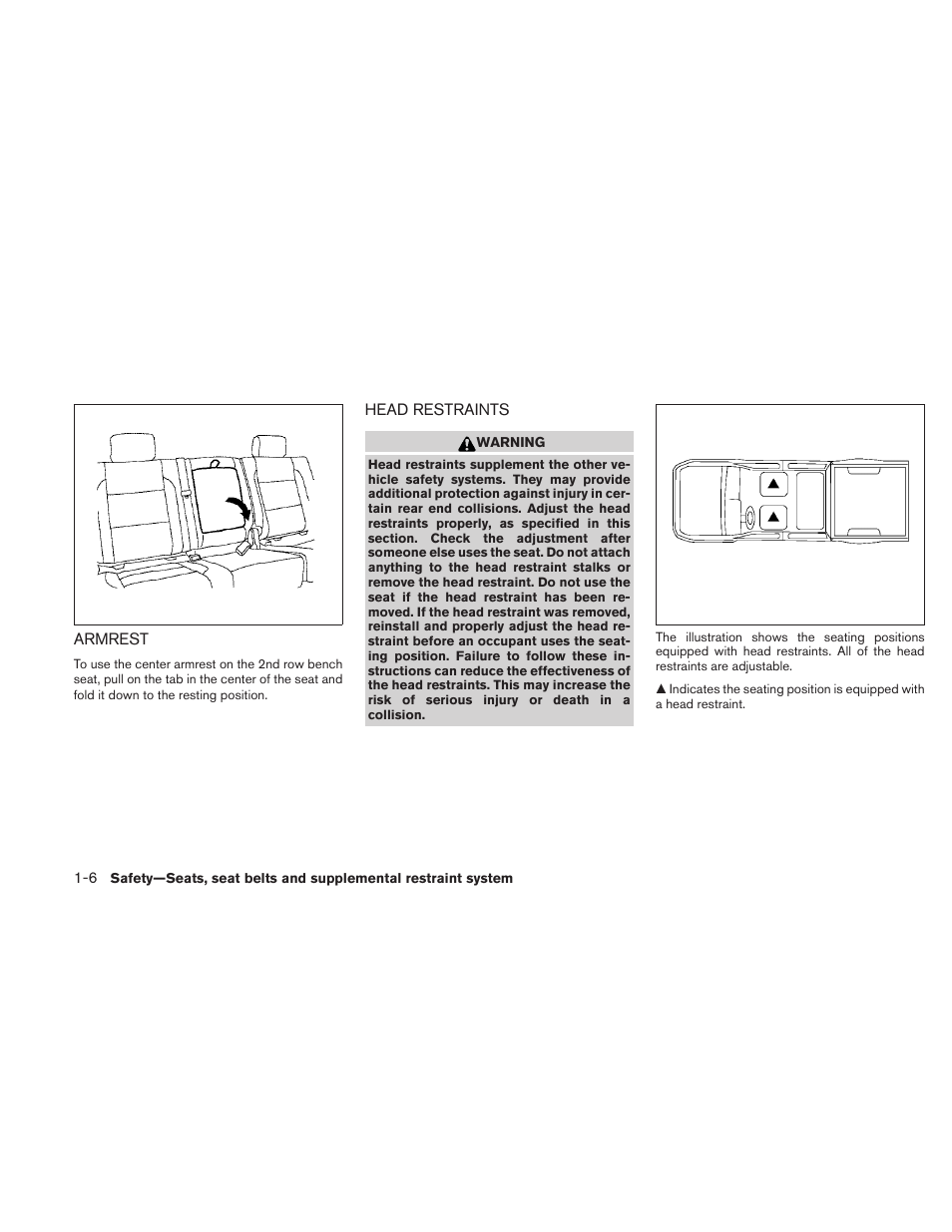 Armrest -6 head restraints -6 | NISSAN 2010 Frontier User Manual | Page 24 / 373