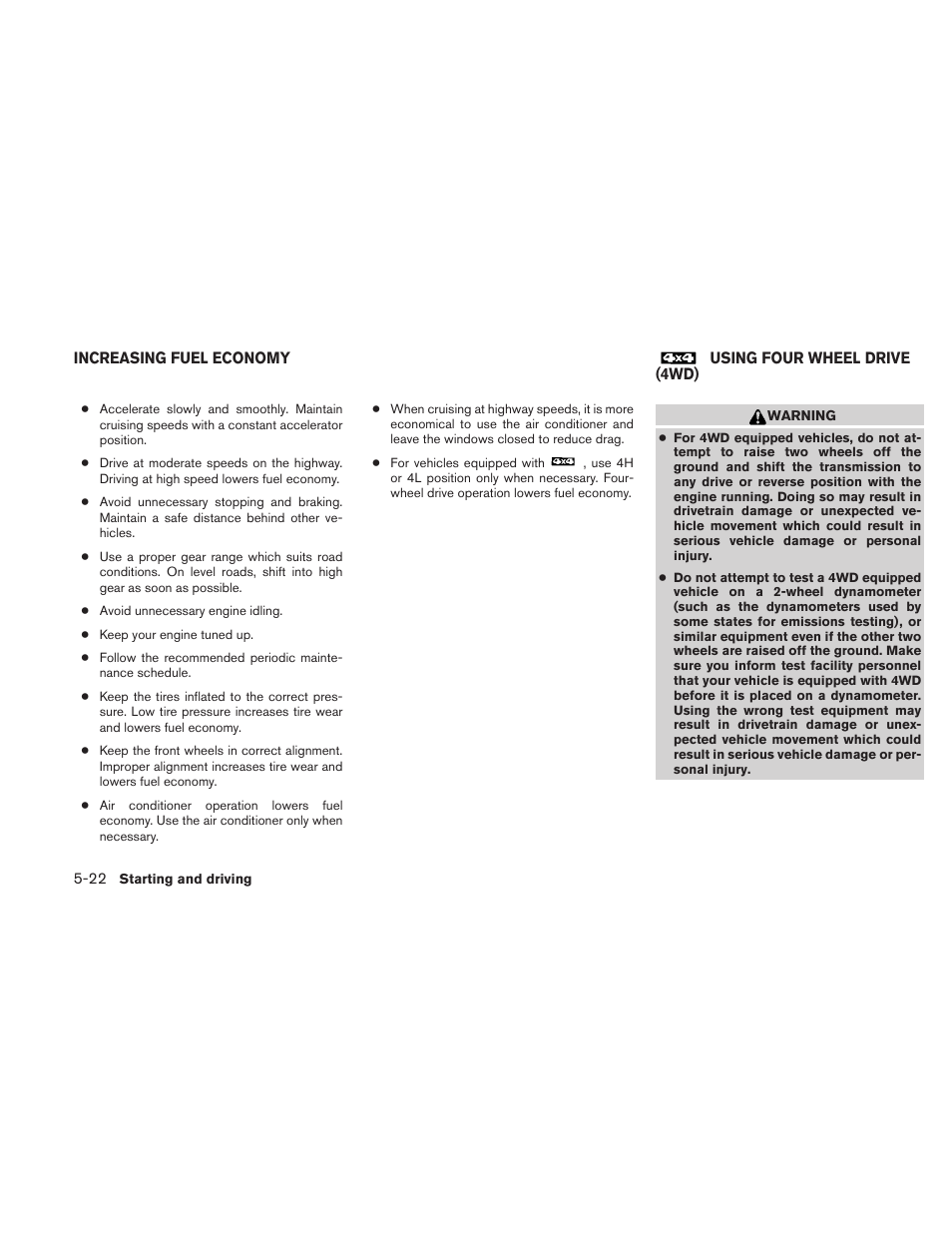 Increasing fuel economy -22, Using four wheel drive (4wd) -22 | NISSAN 2010 Frontier User Manual | Page 240 / 373