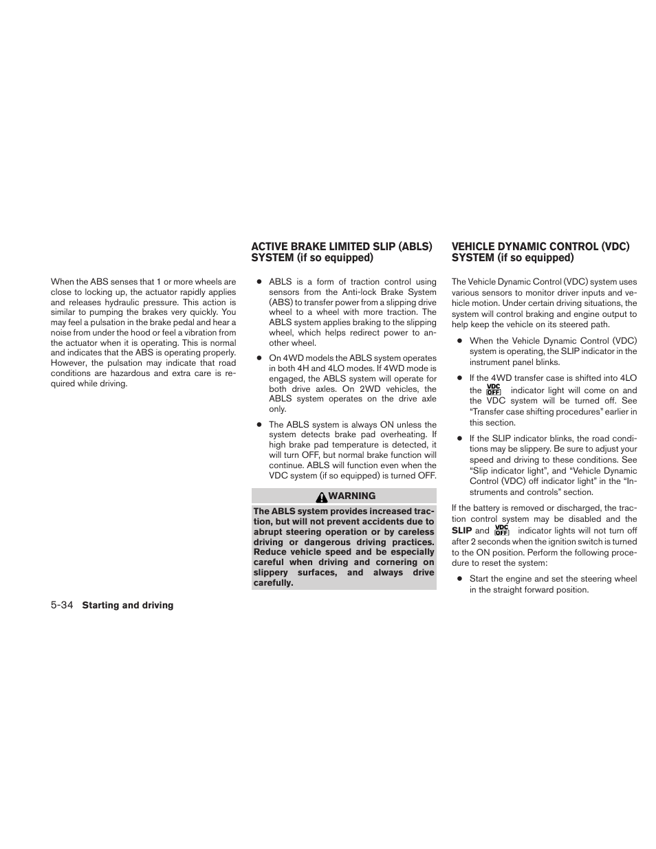 Active brake limited slip (abls) system, If so equipped) -34 | NISSAN 2010 Frontier User Manual | Page 252 / 373