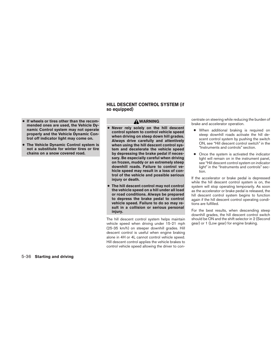 Hill descent control system (if so equipped) -36 | NISSAN 2010 Frontier User Manual | Page 254 / 373