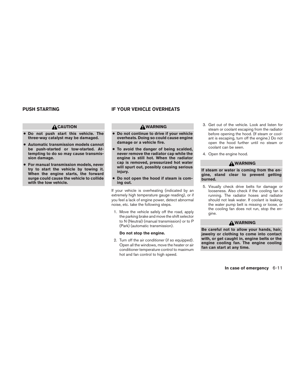 Push starting -11 if your vehicle overheats -11 | NISSAN 2010 Frontier User Manual | Page 269 / 373