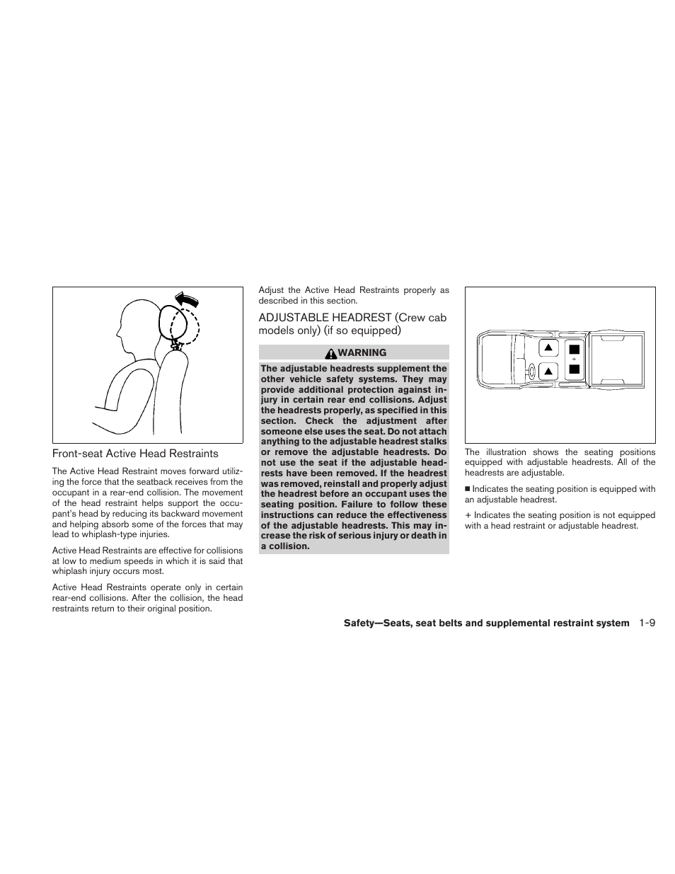 Adjustable headrest (crew cab models only), If so equipped) -9 | NISSAN 2010 Frontier User Manual | Page 27 / 373