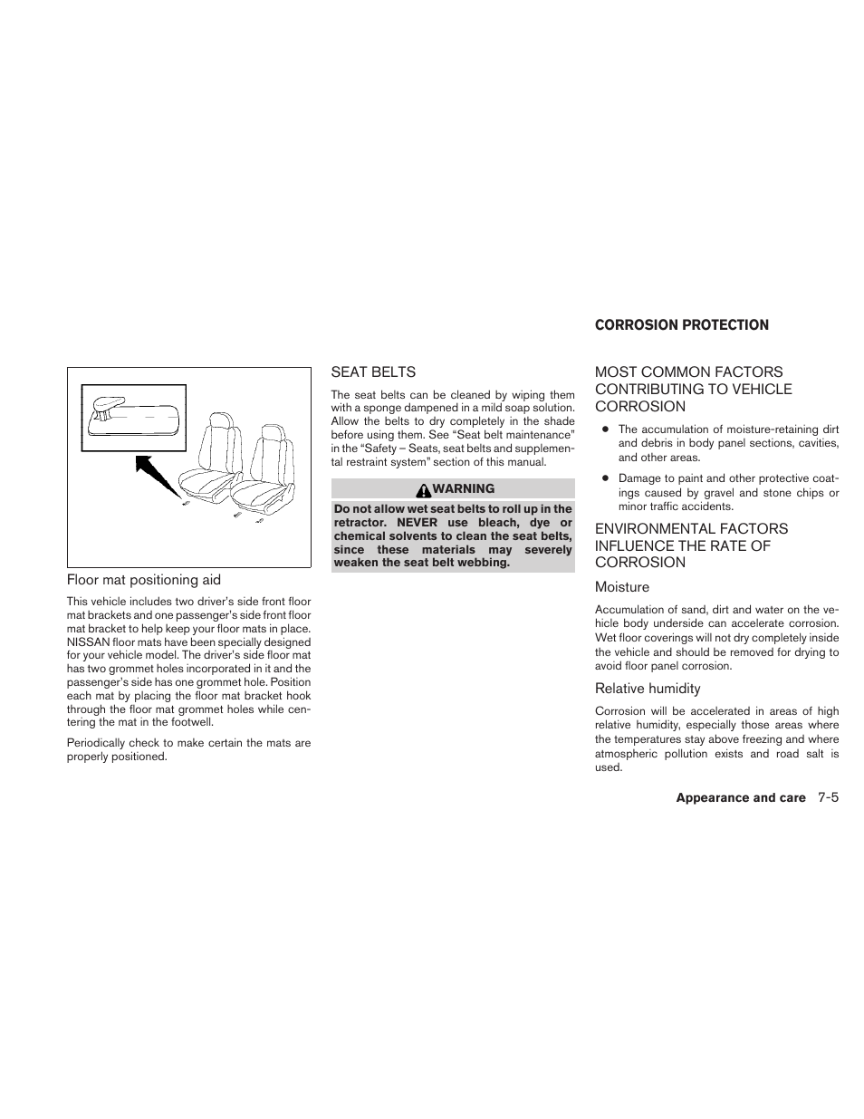 Seat belts -5, Corrosion protection -5, Most common factors contributing to vehicle | Corrosion -5 | NISSAN 2010 Frontier User Manual | Page 279 / 373