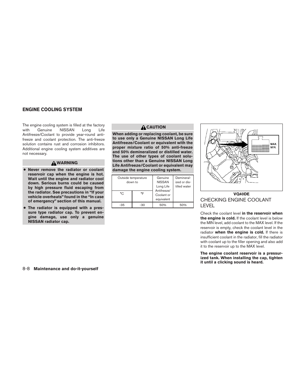 Engine cooling system -8, Checking engine coolant level -8, Checking engine coolant level | Engine cooling system | NISSAN 2010 Frontier User Manual | Page 288 / 373