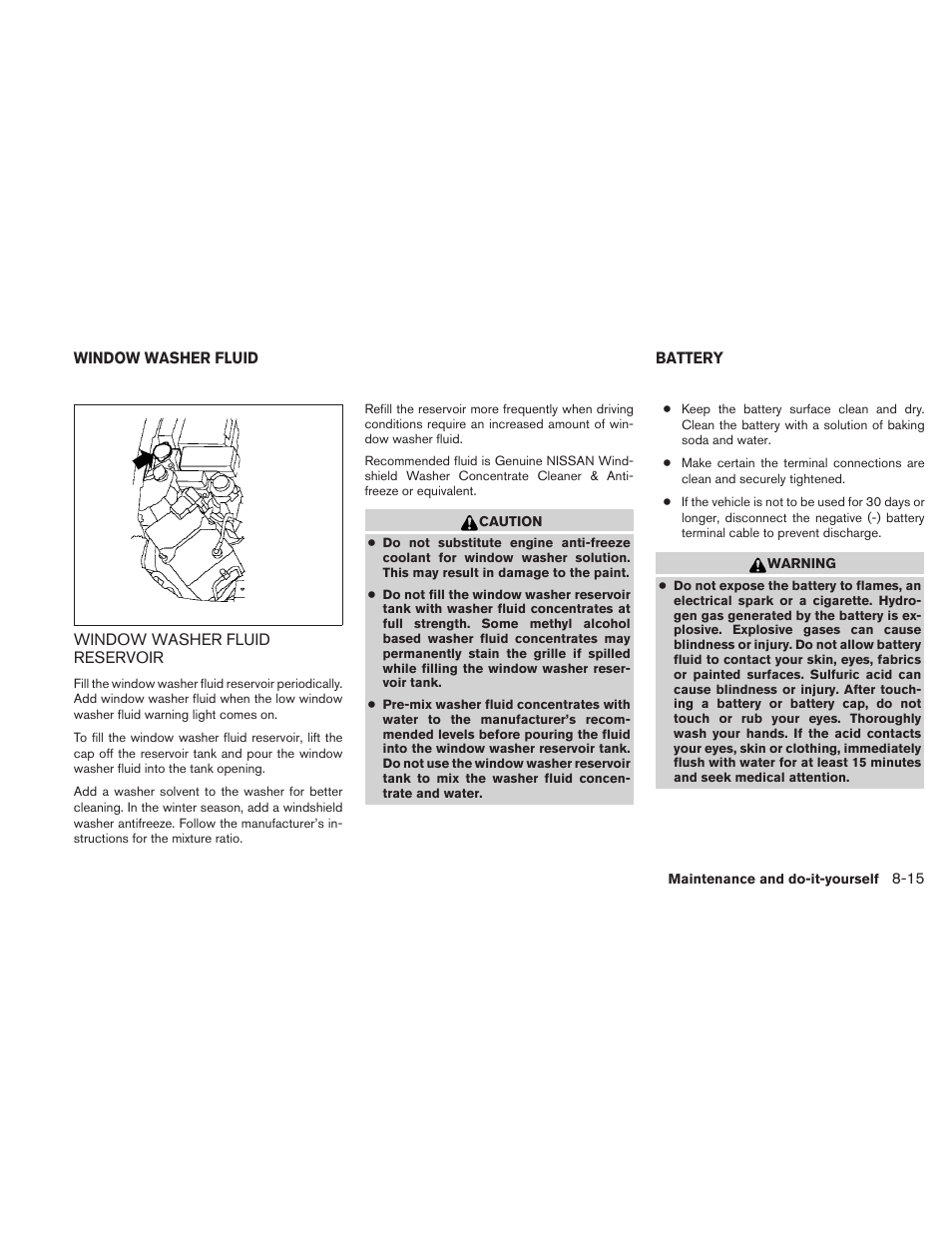 Window washer fluid -15, Window washer fluid reservoir -15, Battery -15 | NISSAN 2010 Frontier User Manual | Page 295 / 373