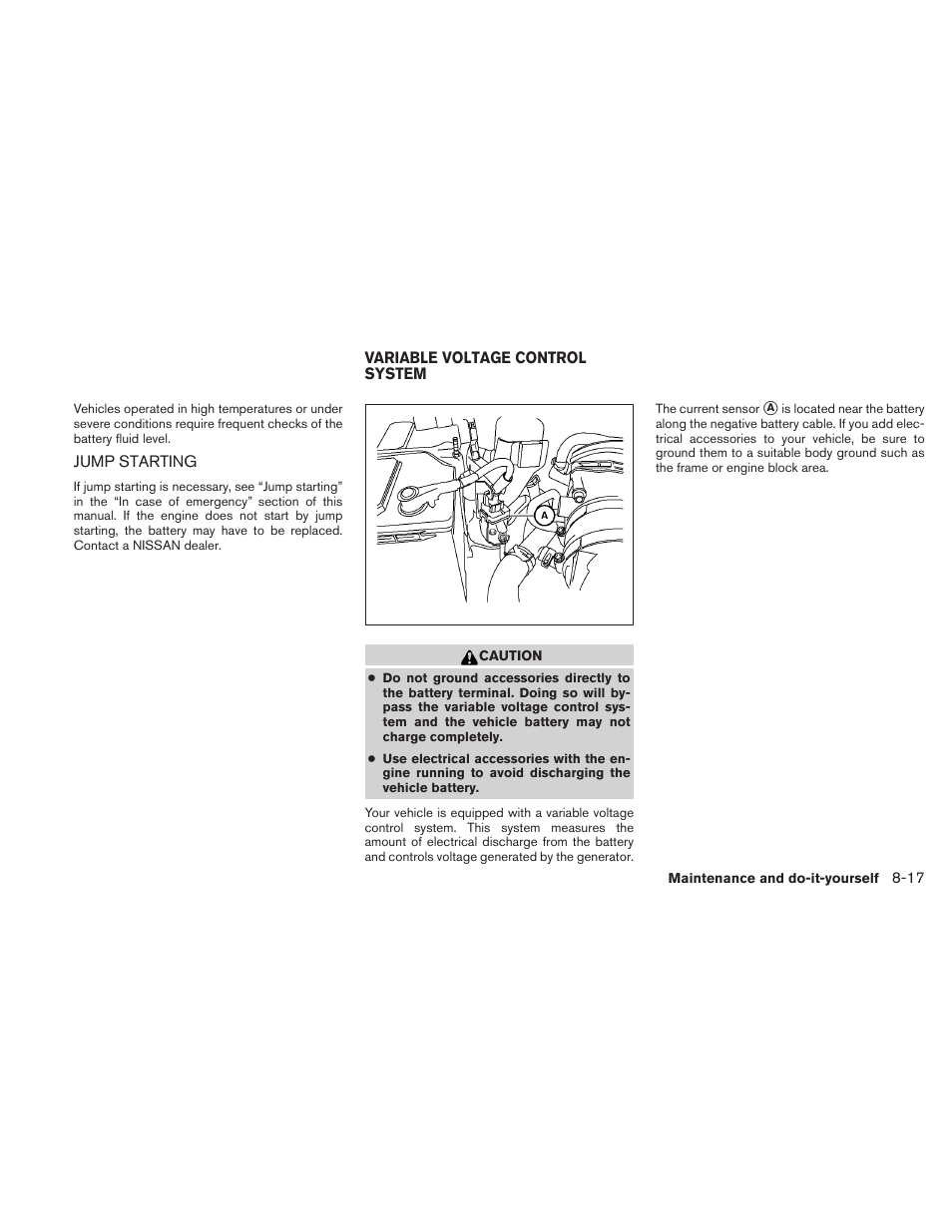 Jump starting -17, Variable voltage control system -17 | NISSAN 2010 Frontier User Manual | Page 297 / 373