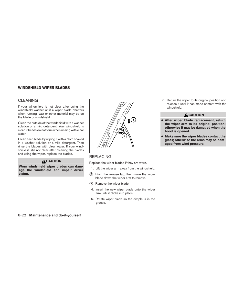 Windshield wiper blades -22, Cleaning -22 replacing -22 | NISSAN 2010 Frontier User Manual | Page 302 / 373