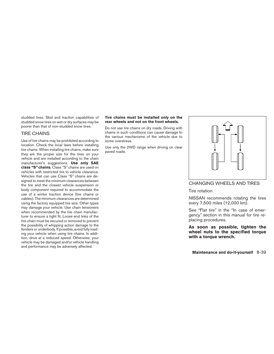 Tire chains -39 changing wheels and tires -39 | NISSAN 2010 Frontier User Manual | Page 319 / 373