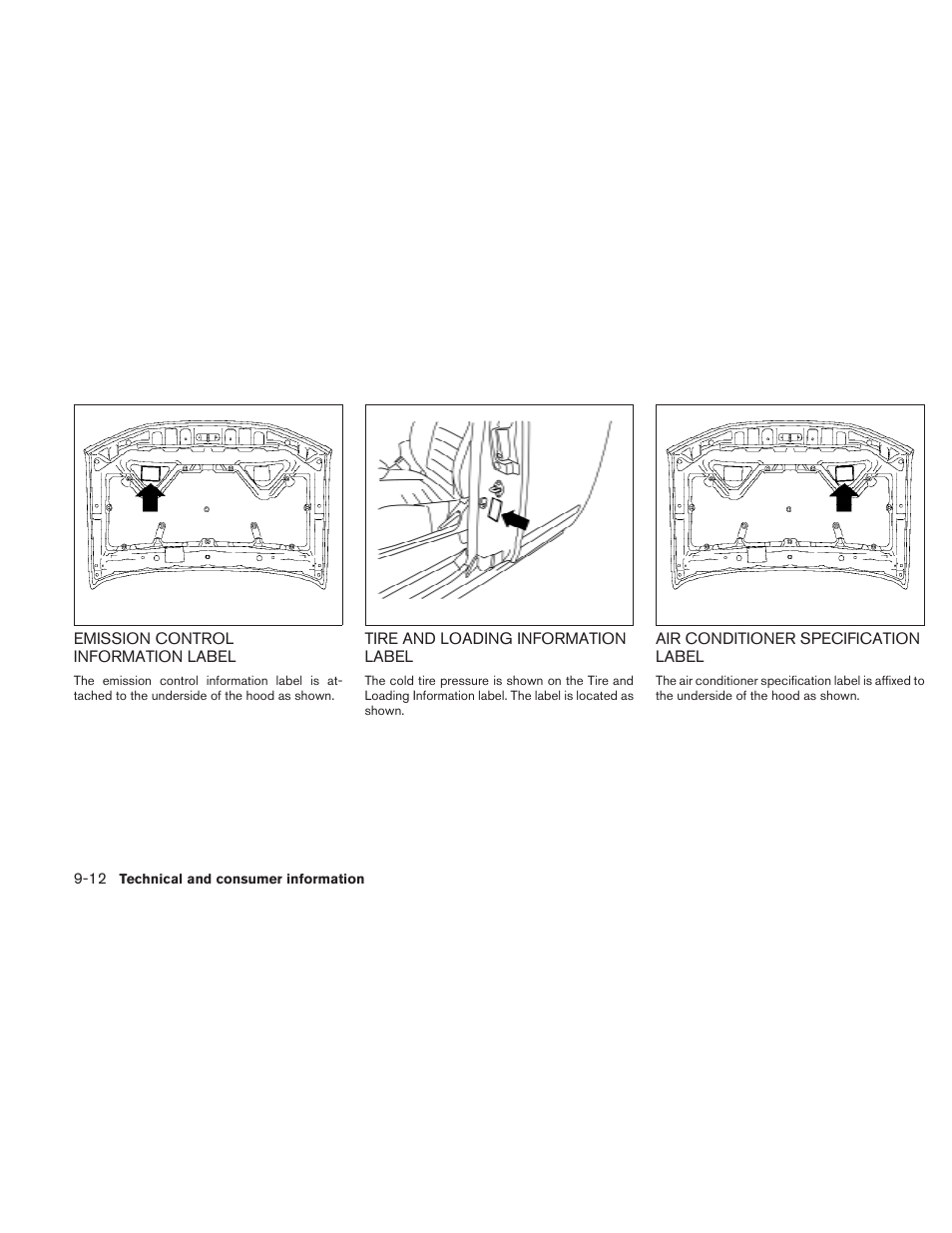 Emission control information label -12, Tire and loading information label -12, Air conditioner specification label -12 | NISSAN 2010 Frontier User Manual | Page 336 / 373