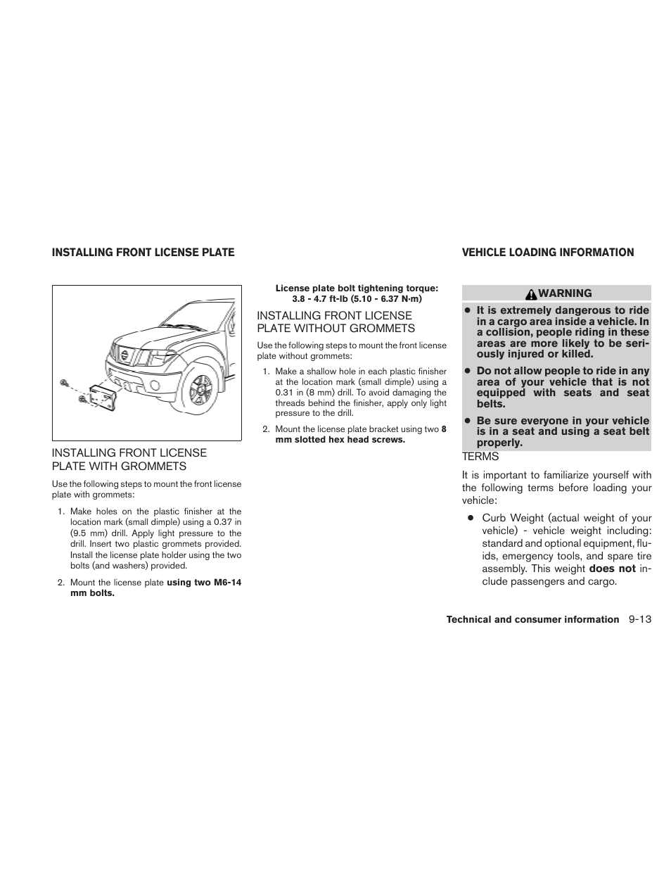 Installing front license plate -13, Installing front license plate with grommets -13, Installing front license plate without | Grommets -13, Vehicle loading information -13, Terms -13 | NISSAN 2010 Frontier User Manual | Page 337 / 373
