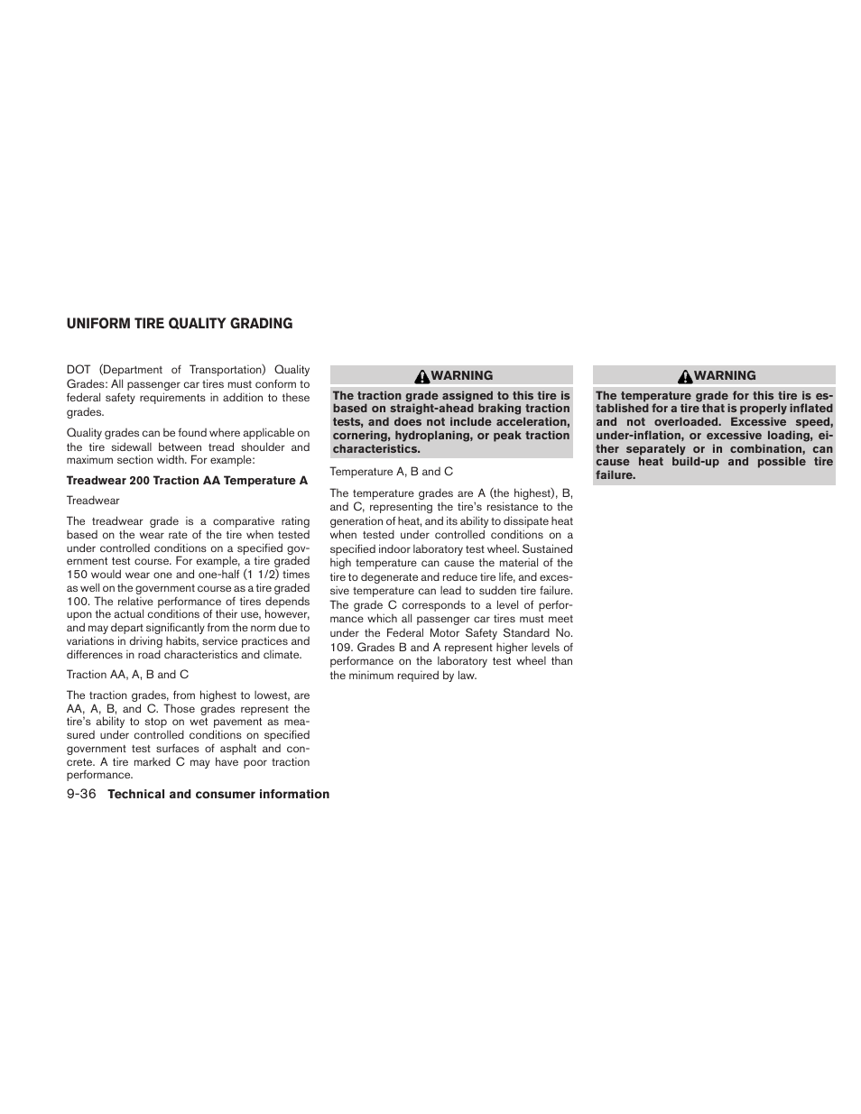 Uniform tire quality grading -36 | NISSAN 2010 Frontier User Manual | Page 360 / 373