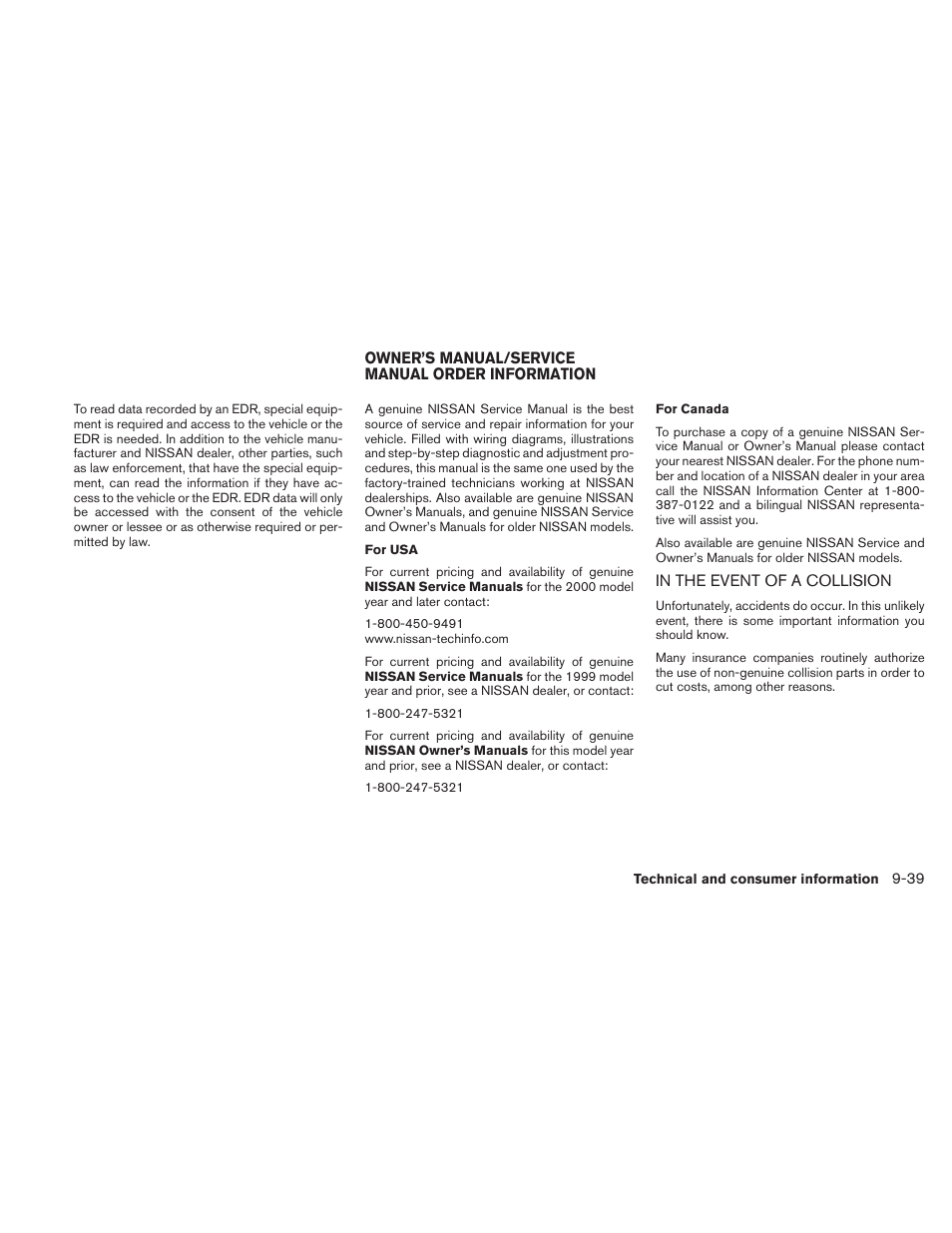 In the event of a collision -39 | NISSAN 2010 Frontier User Manual | Page 363 / 373