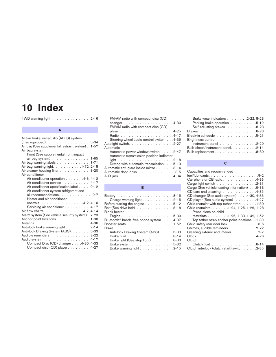 Index, 10 index | NISSAN 2010 Frontier User Manual | Page 365 / 373