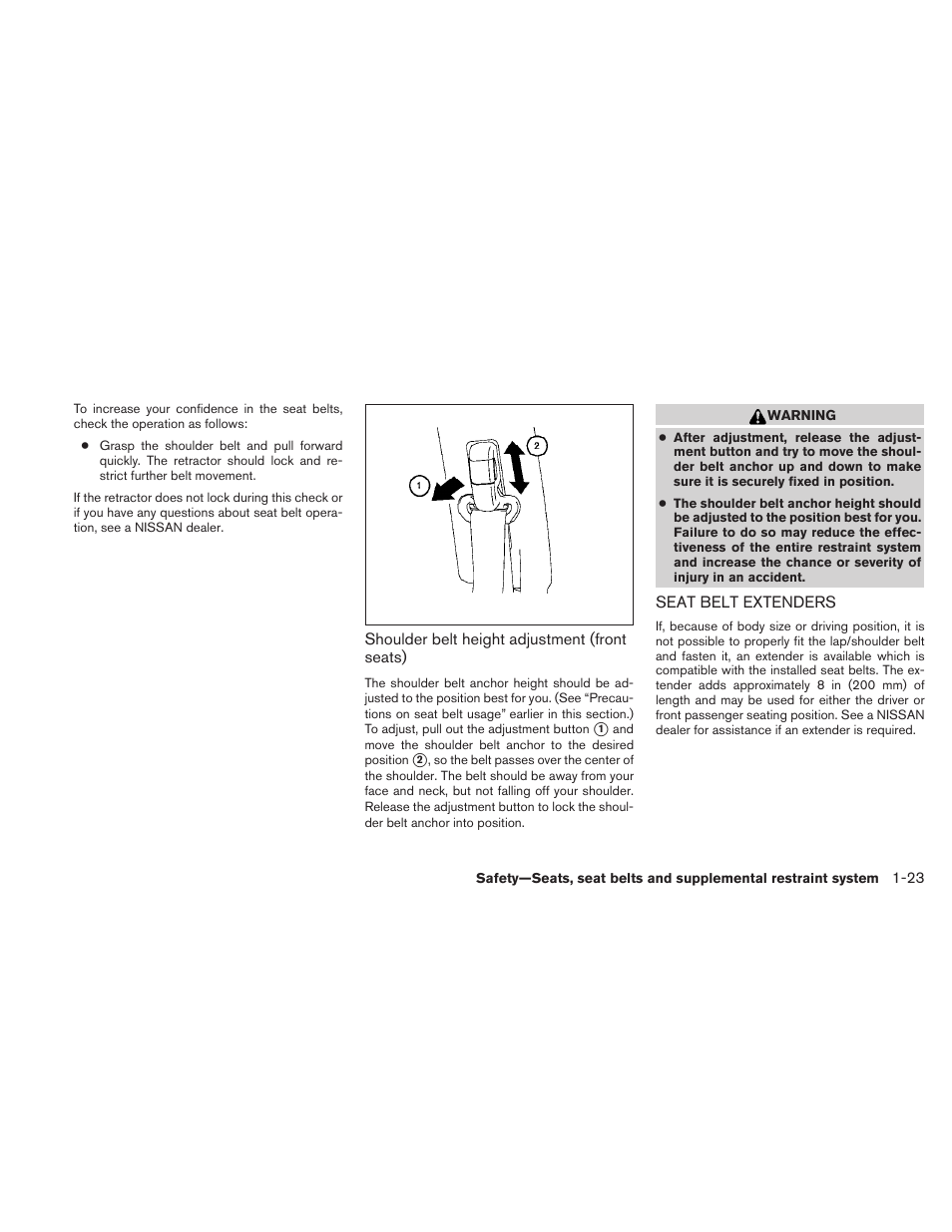 Seat belt extenders -23 | NISSAN 2010 Frontier User Manual | Page 41 / 373