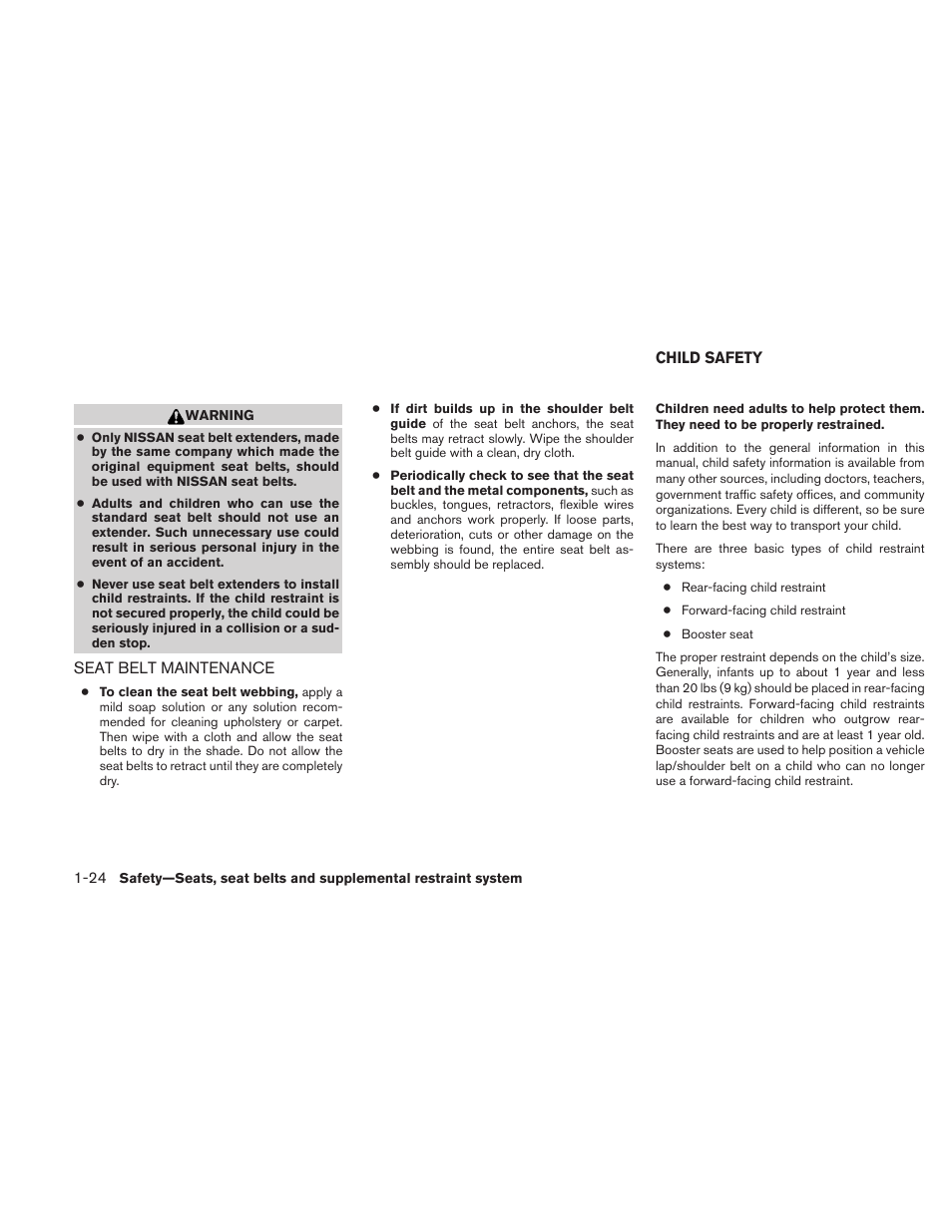 Seat belt maintenance -24, Child safety -24 | NISSAN 2010 Frontier User Manual | Page 42 / 373