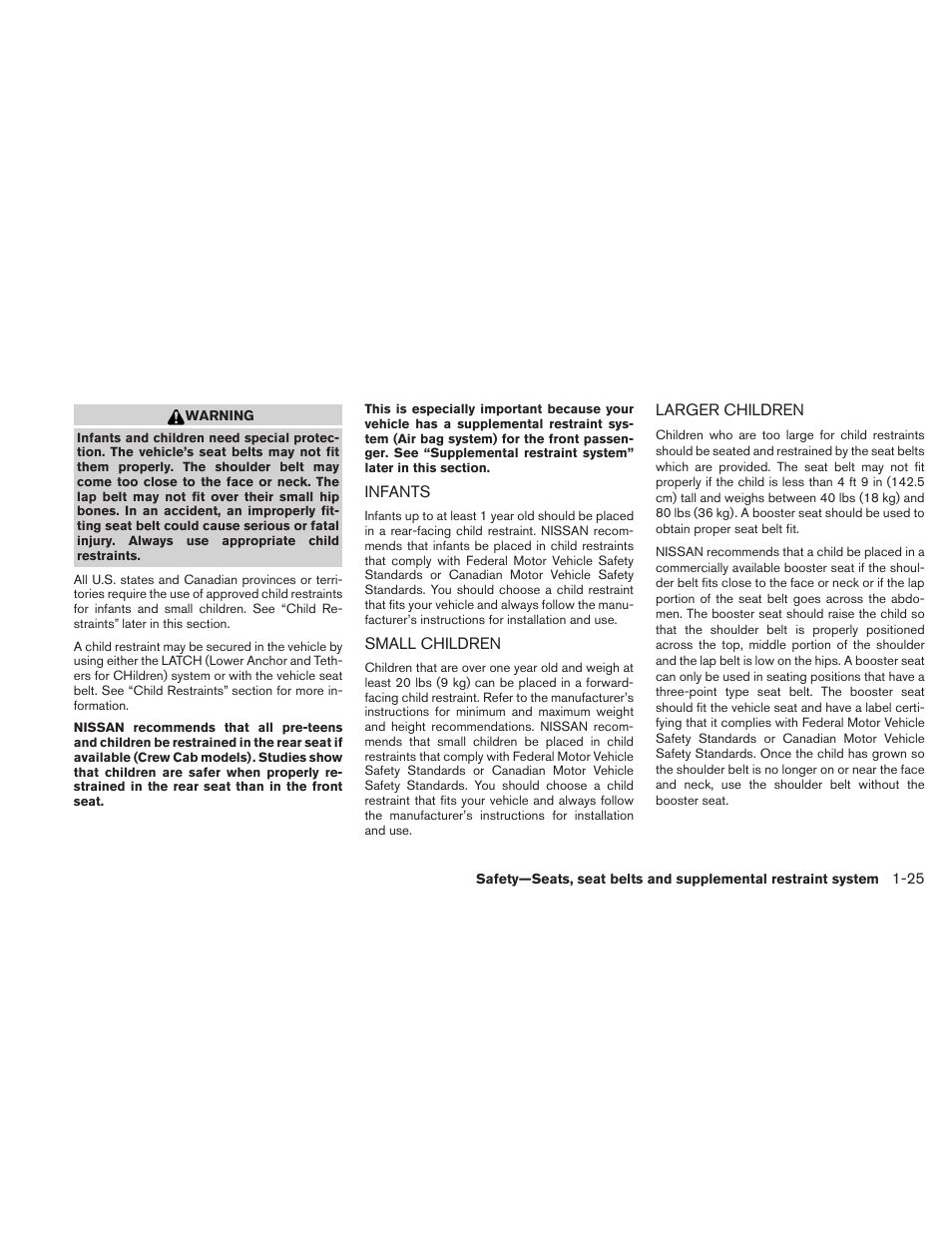 Infants -25 small children -25 larger children -25 | NISSAN 2010 Frontier User Manual | Page 43 / 373