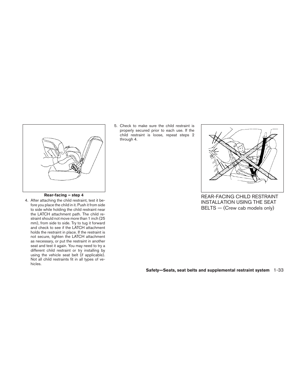 Rear-facing child restraint installation using, The seat belts — (crew cab models only) -33 | NISSAN 2010 Frontier User Manual | Page 51 / 373
