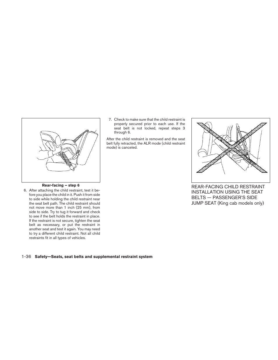 Rear-facing child restraint installation using, The seat belts — passenger’s side jump seat, King cab models only) -36 | NISSAN 2010 Frontier User Manual | Page 54 / 373