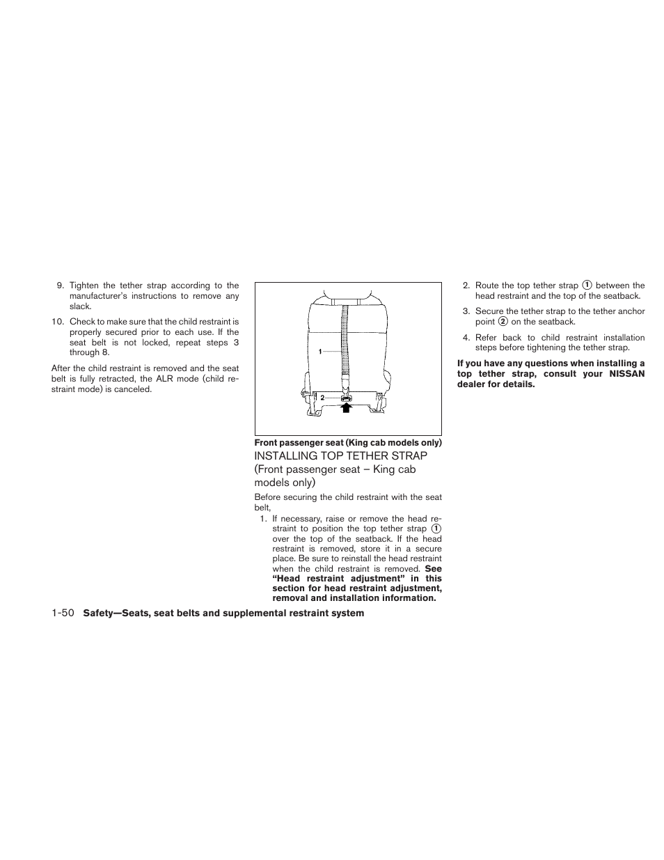 Installing top tether strap (front passenger, Seat – king cab models only) -50 | NISSAN 2010 Frontier User Manual | Page 68 / 373