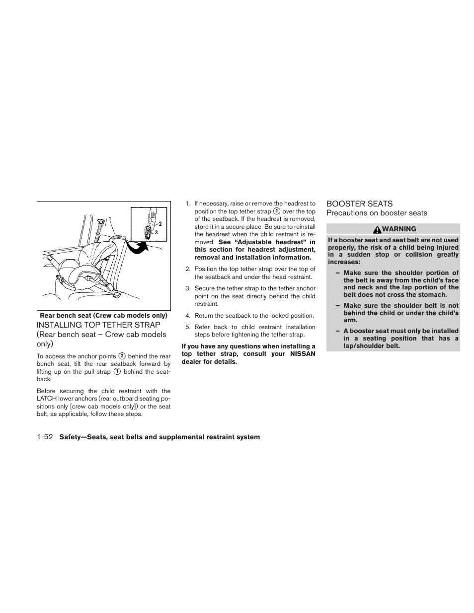 Installing top tether strap (rear bench seat, Crew cab models only) -52 booster seats -52 | NISSAN 2010 Frontier User Manual | Page 70 / 373