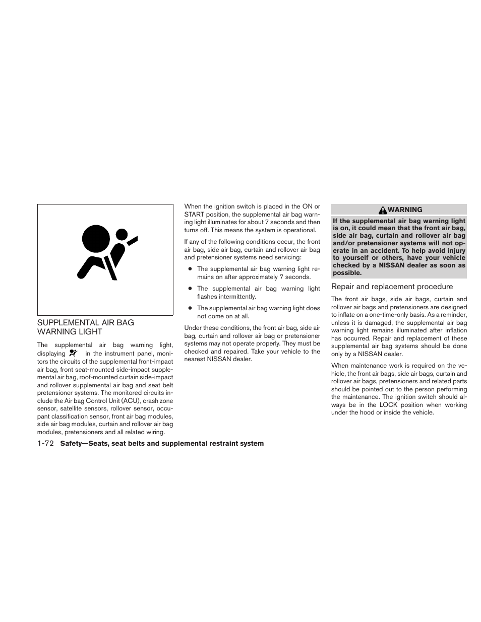Supplemental air bag warning light -72 | NISSAN 2010 Frontier User Manual | Page 90 / 373