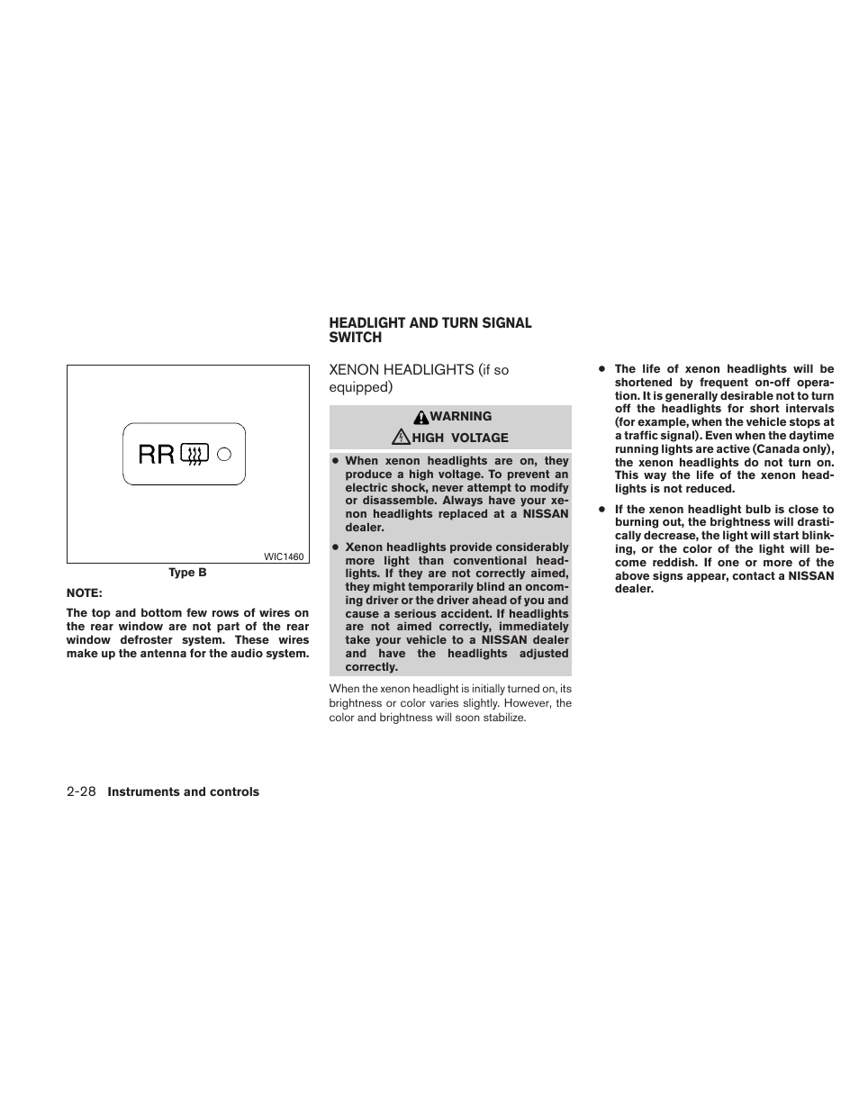 Headlight and turn signal switch -28, Xenon headlights (if so equipped) -28 | NISSAN 2010 Altima User Manual | Page 105 / 438