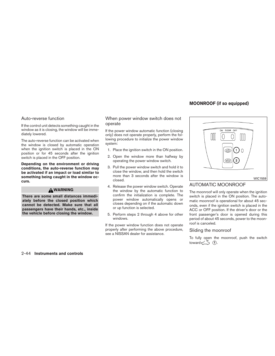 Moonroof (if so equipped) -44, Automatic moonroof -44 | NISSAN 2010 Altima User Manual | Page 121 / 438