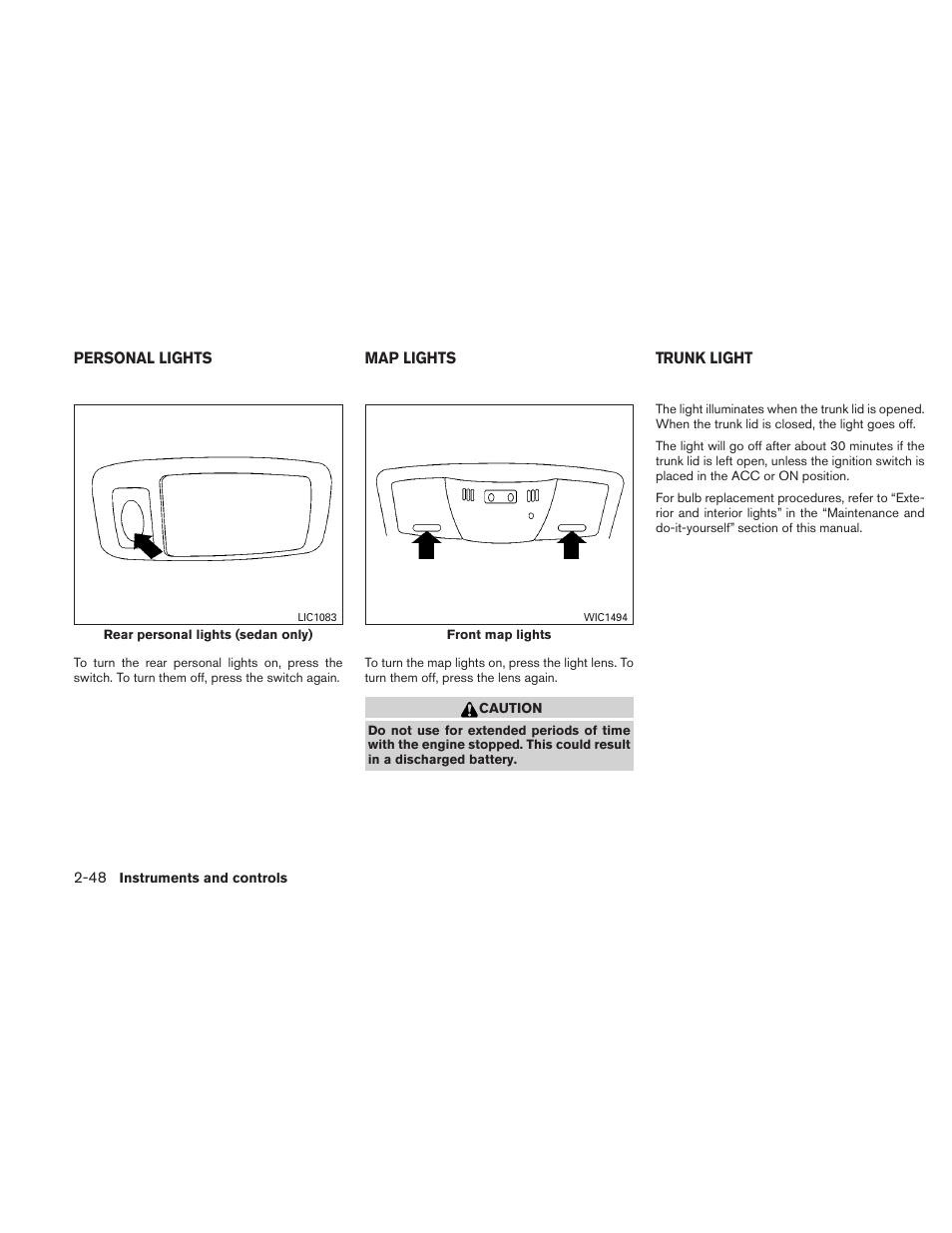 Personal lights -48 map lights -48 trunk light -48 | NISSAN 2010 Altima User Manual | Page 125 / 438