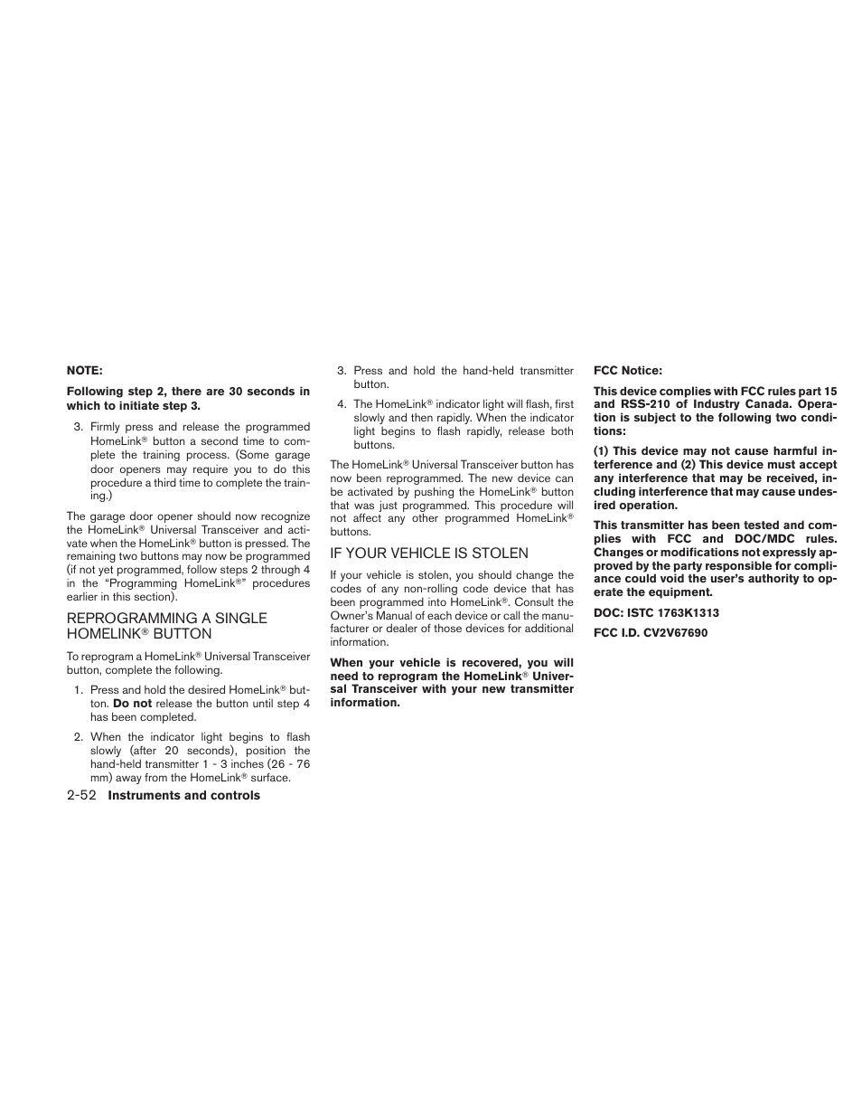 Reprogramming a single homelink, Button -52, If your vehicle is stolen -52 | NISSAN 2010 Altima User Manual | Page 129 / 438