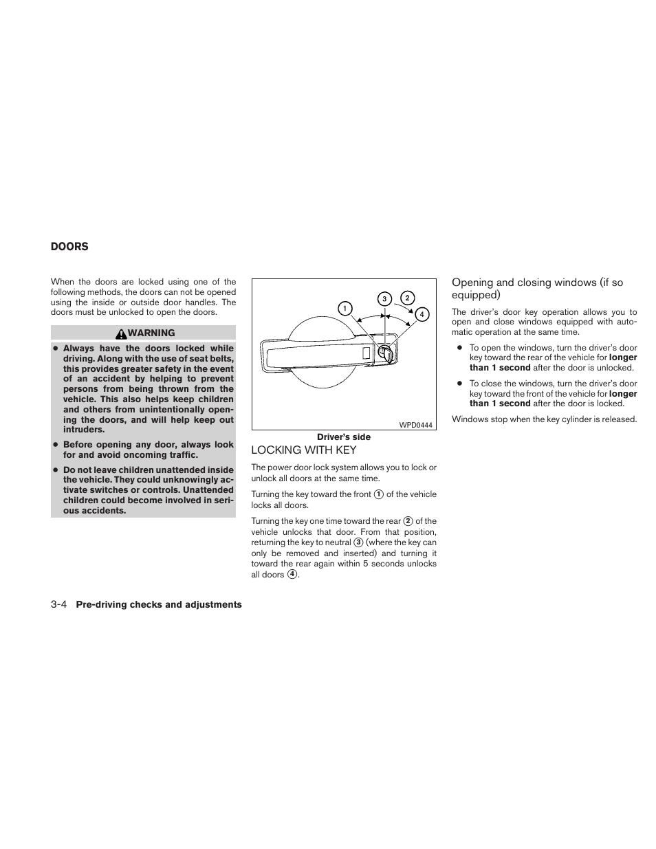 Doors -4, Locking with key -4 | NISSAN 2010 Altima User Manual | Page 133 / 438