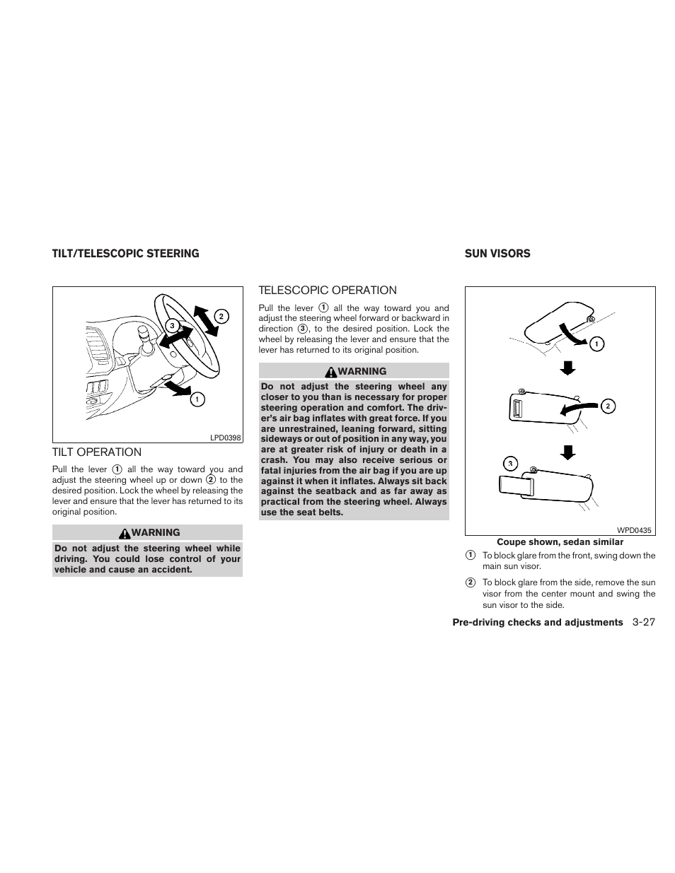 Tilt/telescopic steering -27, Tilt operation -27 telescopic operation -27, Sun visors -27 | NISSAN 2010 Altima User Manual | Page 156 / 438