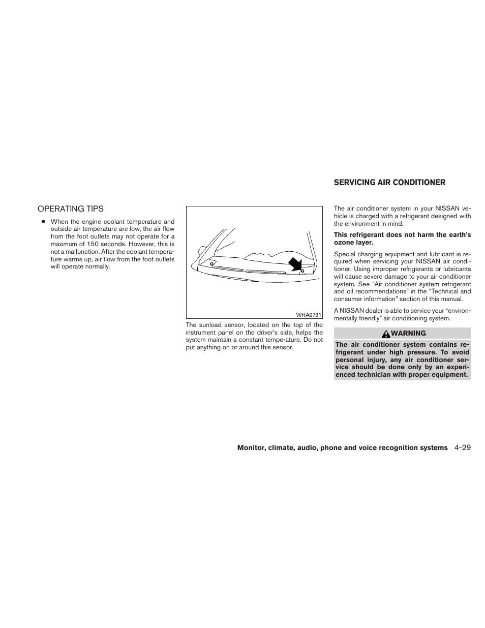 Operating tips -29, Servicing air conditioner -29 | NISSAN 2010 Altima User Manual | Page 190 / 438