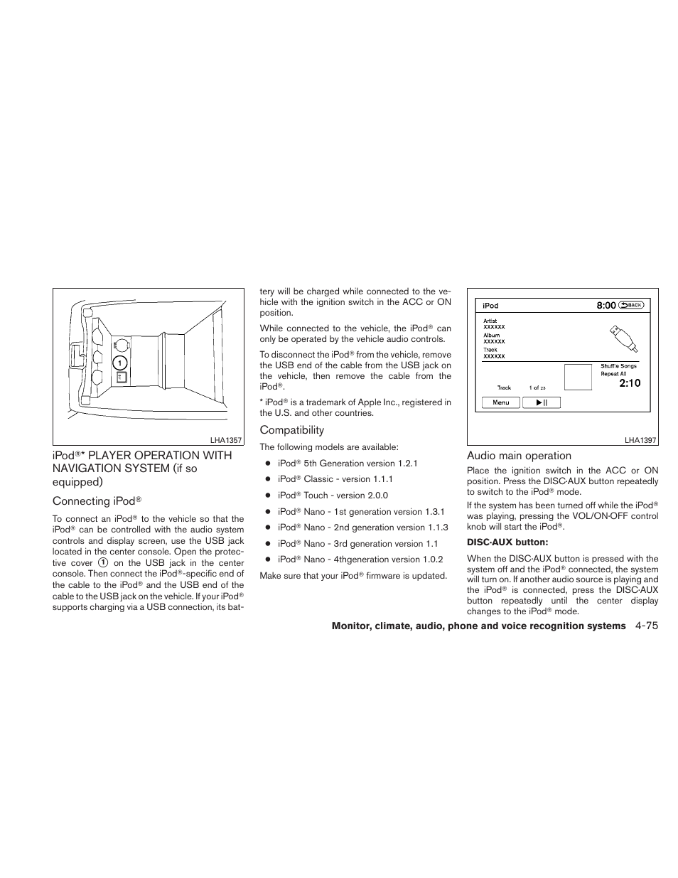 Ipod, Player operation with navigation, System (if so equipped) -75 | NISSAN 2010 Altima User Manual | Page 236 / 438